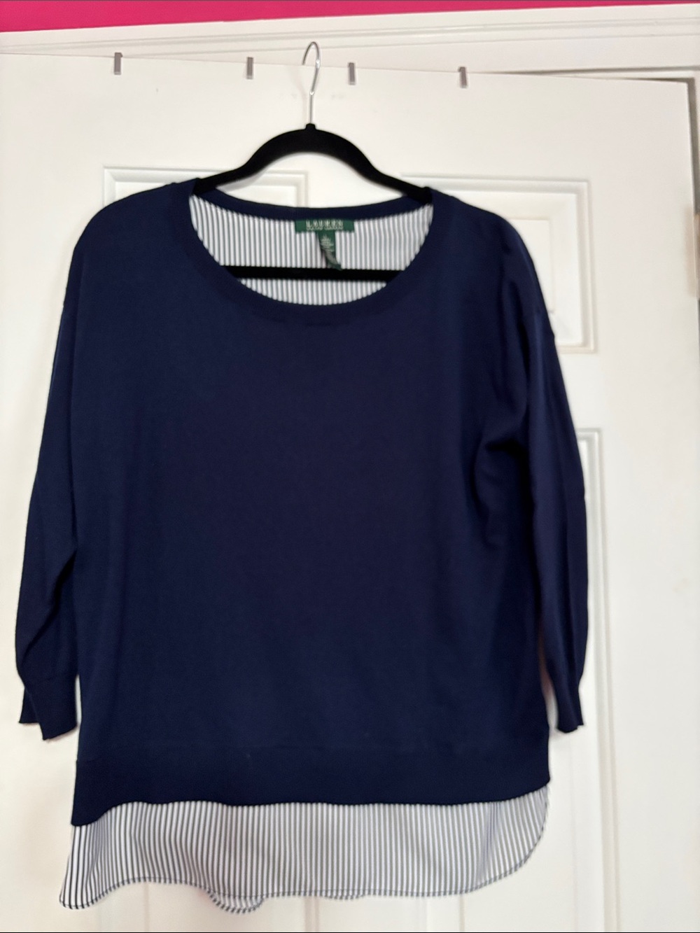 Lauren Ralph Lauren Navy Crewneck Sweater with Striped Layered Hem
